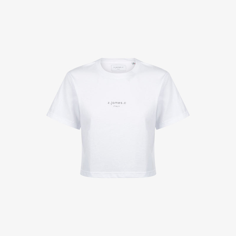 The white cropped T by designer brand z.james.c. Featuring 100% cotton and a logo print on the chest.