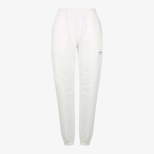 The female joggers in off white made from 100% cotton featuring logo embroidery on the side.