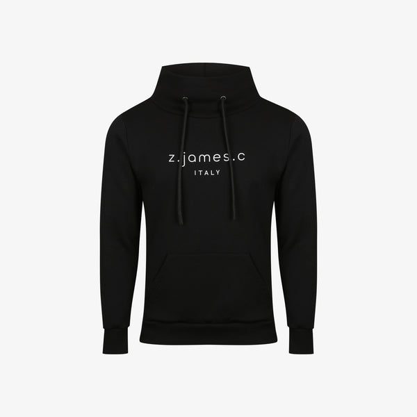 A black turtleneck sweatshirt for men with a large logo print on the chest. Made in Italy by the designer fashion brand z.james.c