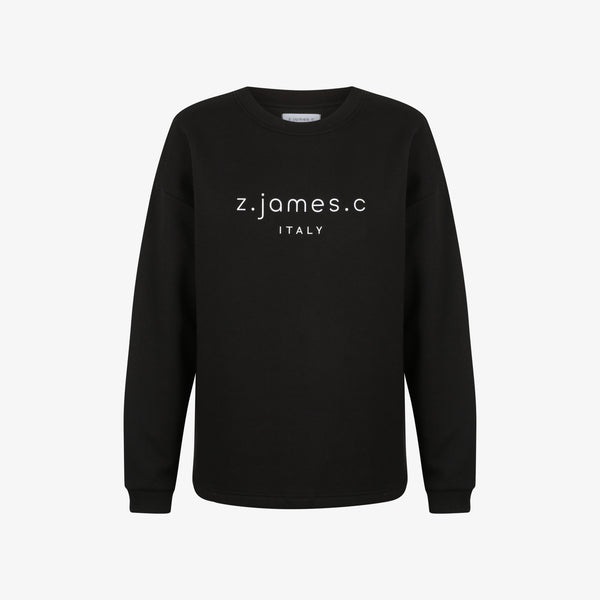 A black female oversized sweatshirt with a large oversized print on the chest with the logo of the designer fashion brand z.james.c